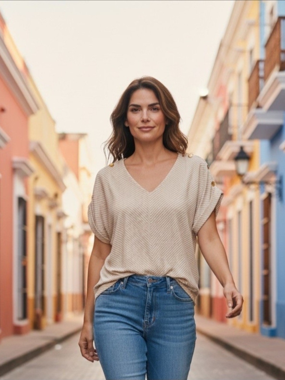 Rio & Rian Casual V-Neck Short Cuffed Sleeve Top White Beige Stripes Comfy L